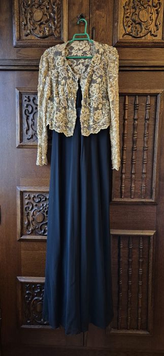 Set unicat Rochie de seara neagra + top auriu dantela brodat + geanta