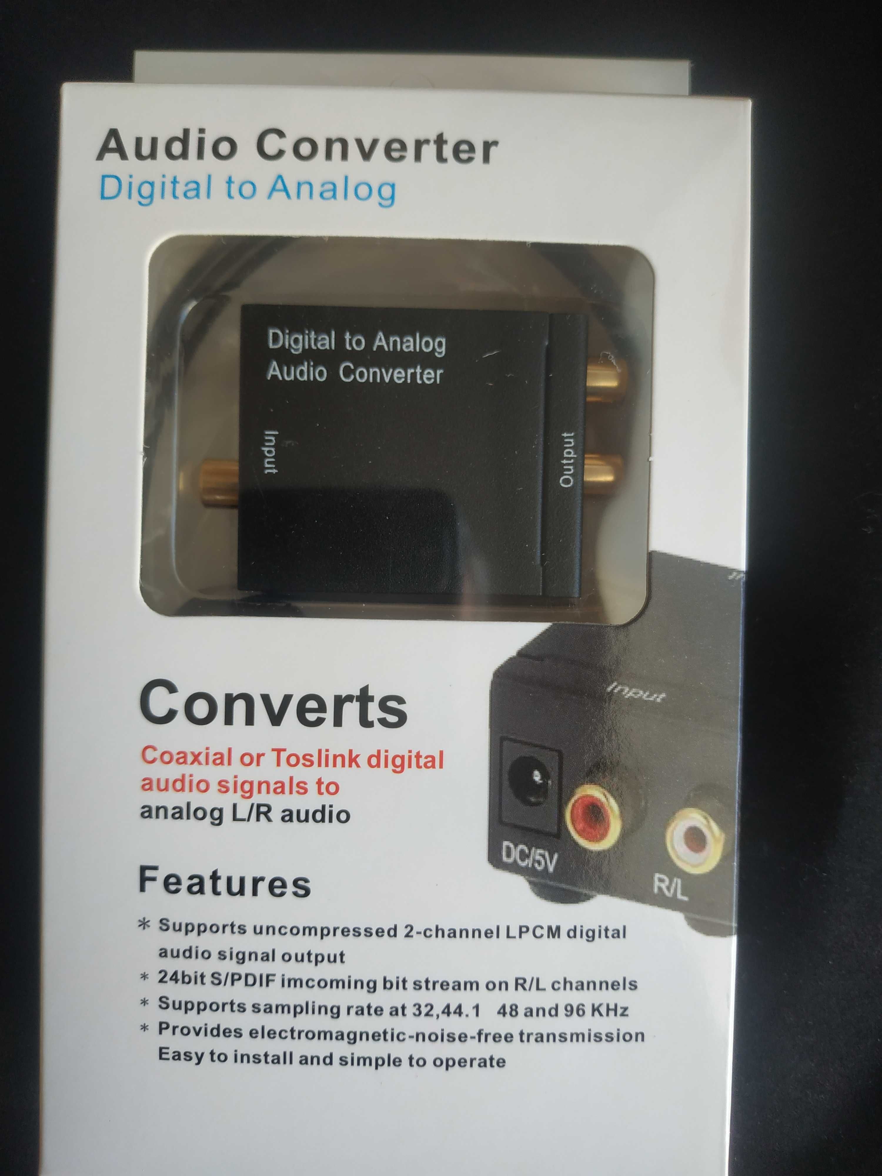 ﻿Оптичен конвертор цифров към аналогов RCA L/R аудио Toslink
