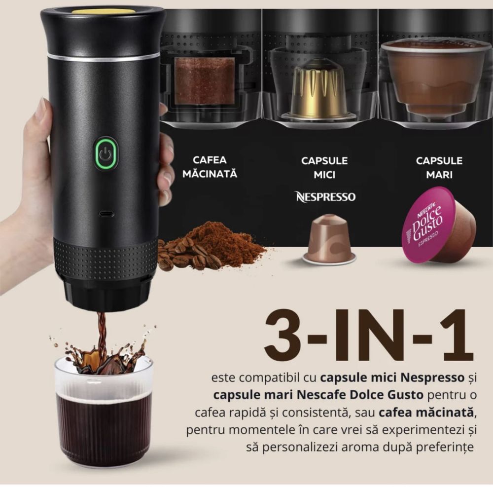 Espressor portabil 3in1 compatibil cu capsule sau cafea macinata