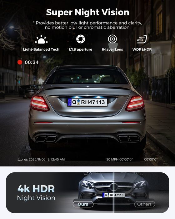 Jzones 4K/FHD двойна/2-канална HDR камера за автомобил/WIFI 6/GPS/APP