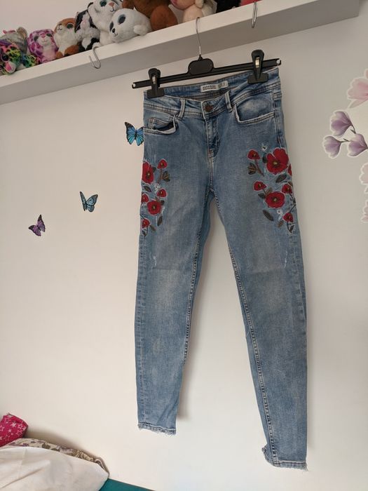 Blugi broderie maci Zara Basic, XS 32-34