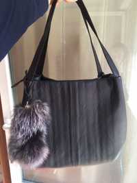 Чанта от естествена кожа(еленска) с естествен пух от сребърна лисица