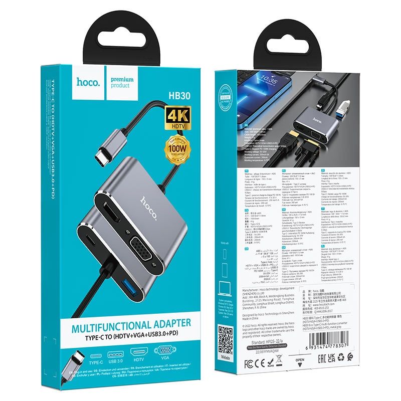 Конвертер “HB30 Eco” Type-C на HDMI + VGA + USB3.0 + PD