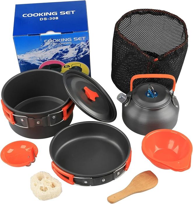 Комплект кухненски съдове за къмпинг - лек, идеален за 4-5 души,