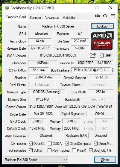 RX 580 OC 8 ГБ ASRock Phantom Gaming  sotiladi srochna
