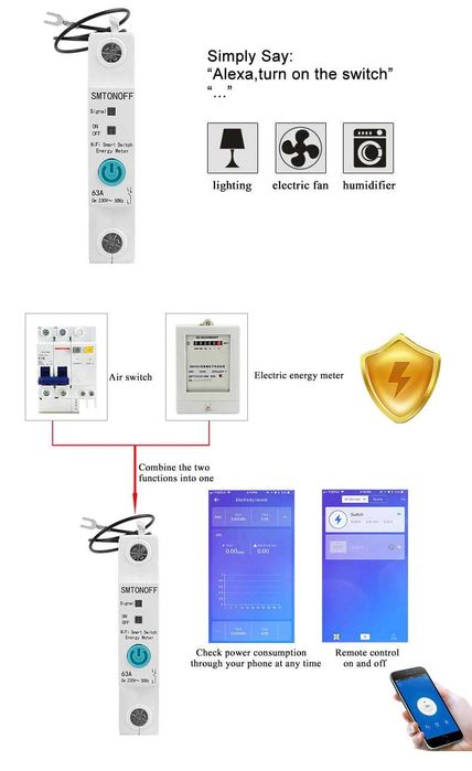Смарт WiFi предпазител DIN шина, прекъсвач 63А с електромер Ewelink
