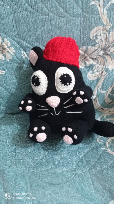 Игрушка ручной работы чёрный котик рост 25 см
