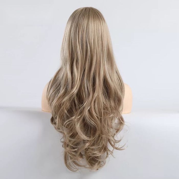 Peruca T21 blonda gri blond cenustiu breton lunga creata ondulata