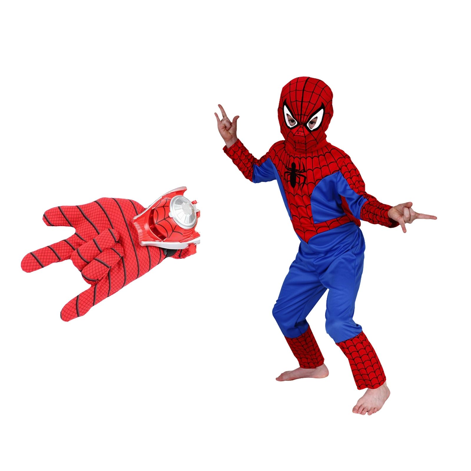 Set costum Spiderman, marimea L, 7-9 ani, masca si manusa cu lansator