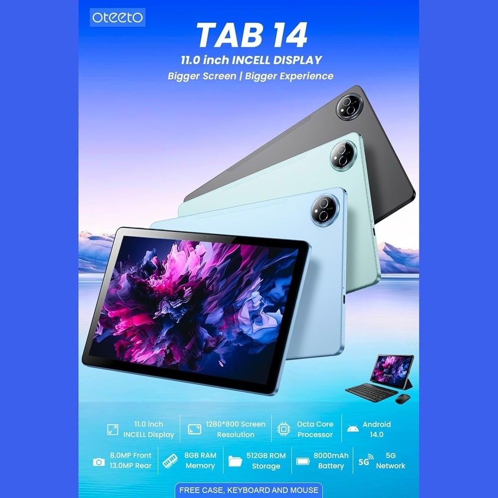 New Planshet OTEETO TAB 14, 5G Sim card, 8/512 GB, Умные планшет