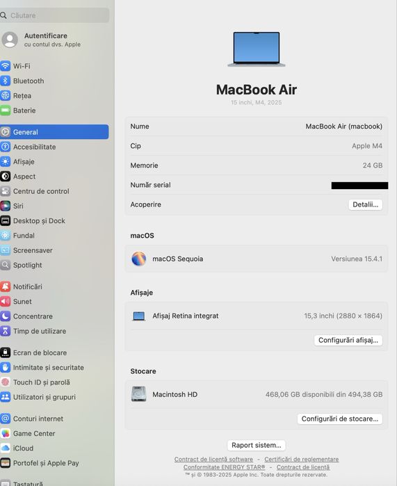 MacBook Air 15-inch/ Apple M4 / 24 GB RAM/ 512 GB / Foarte bun