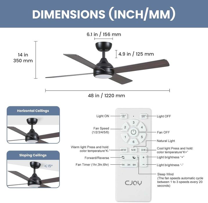 CJOY Безшумен таванен вентилатор с осветление 122 см