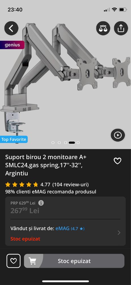 Suport birou 2 monitoare A+ SMLC24,gas spring,17''-32'', Argintiu