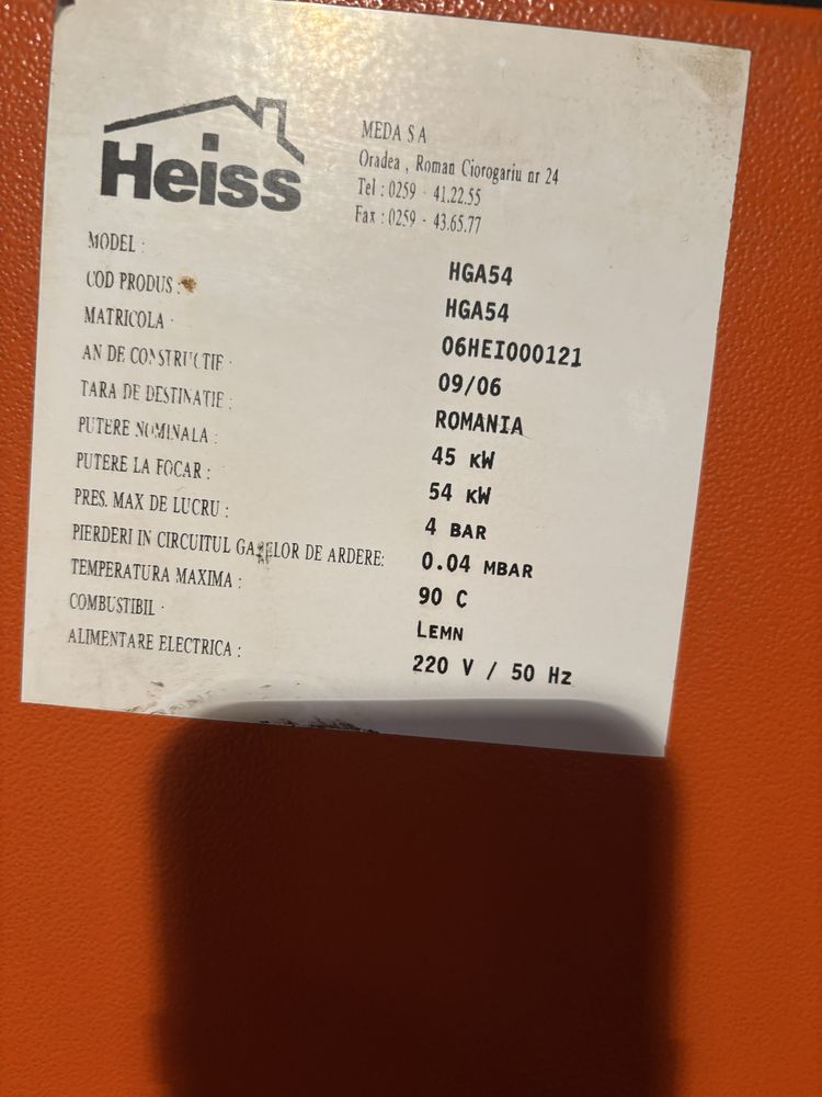 Centrala termica pe lemne Heiss 45 kw defecta