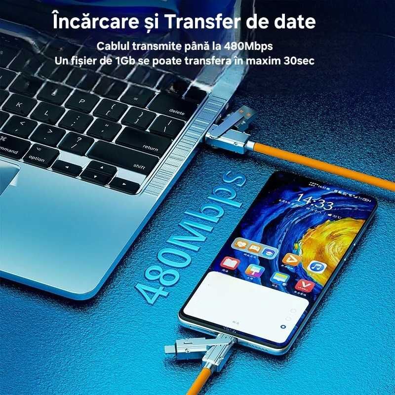 Cablu încărcare+date 4moduri: Usb sau TipC la iPhone sau Tip C. 120W.