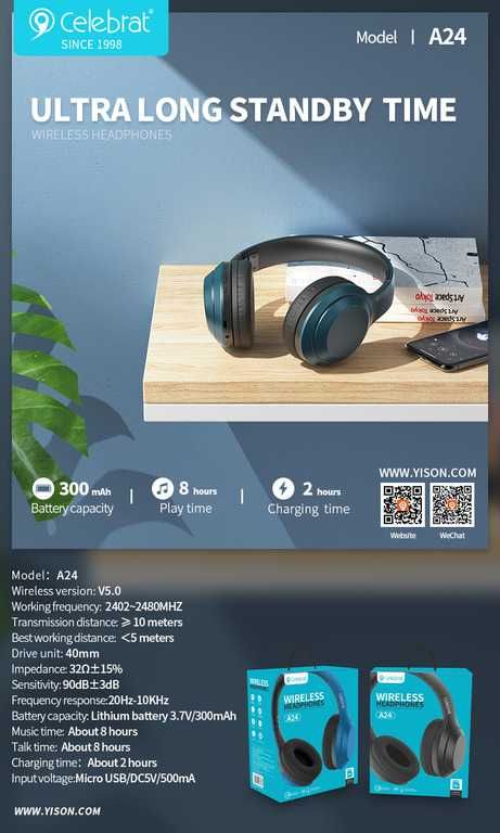 Полноразмерные Bluetooth наушники + MP3 плеер, Celebrat A24