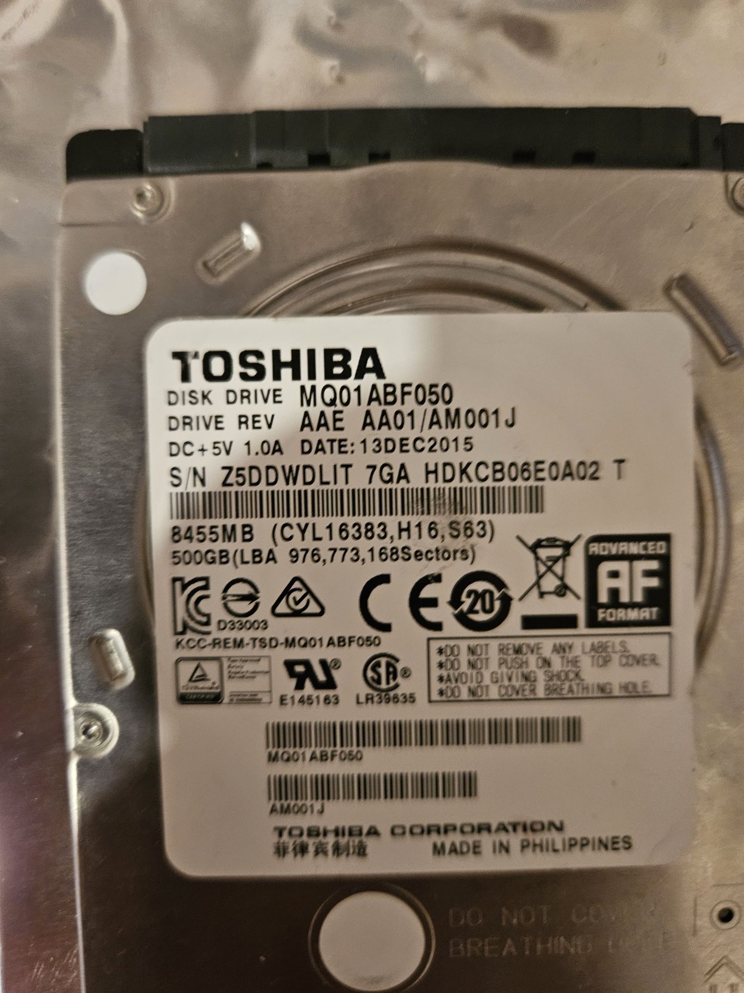 Внутренний жесткий диск для ноутбука Toshiba SATA3 500Gb 2.5" 7200