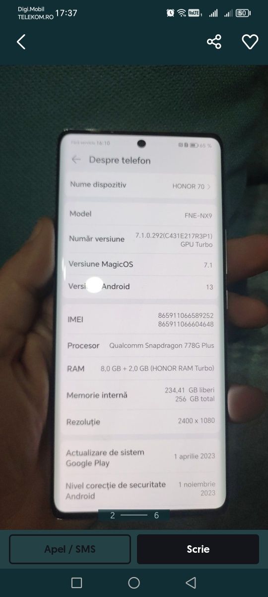 Honor 70  Crystal Silver  impecabil 256 giga cu 8 giga ram