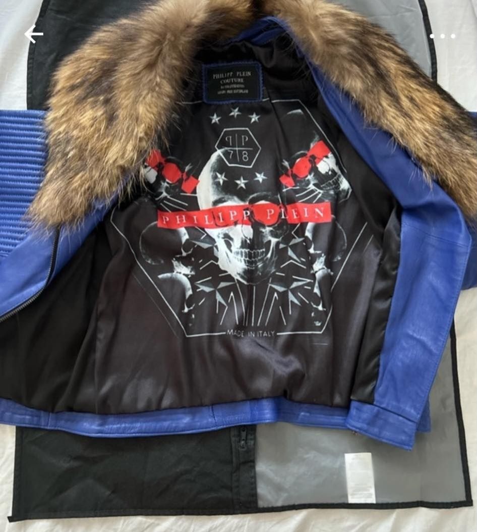 Geaca piele cu guler din  blana naturala Philipp Plein