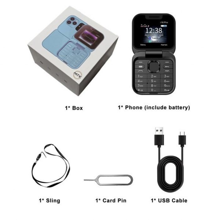 Сгъваем мобилен телефон i16 Pro – 2 SIM, камера, фенерче, FM радио