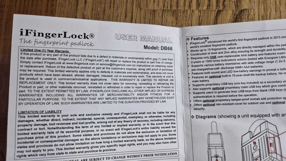 lacat cu cifru amprenta  -IfINGER LOCK-Model DB66-America