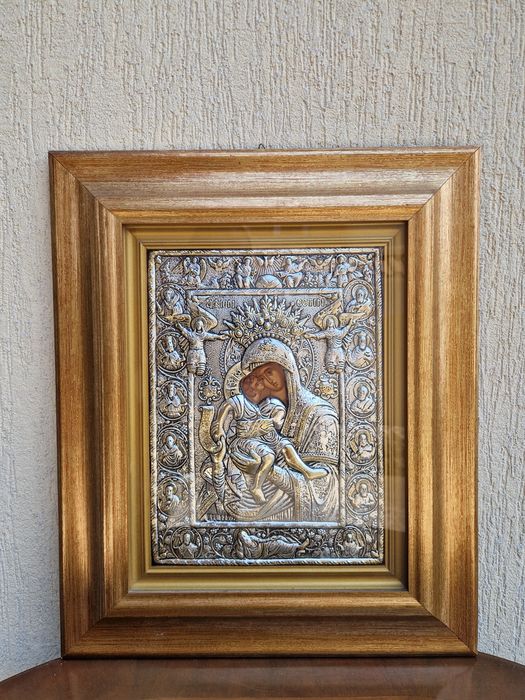 Голяма антикварна сребърна икона със сертификат