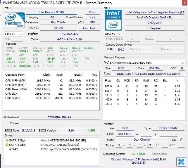 Laptop Toshiba Satellite C50t Intel Quad Gen 4 15.6 40Cm Ram 8Gb