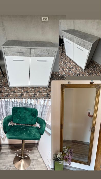 Vând oglinda, scaun înalt, 2 comode, 2 rafturi de perete