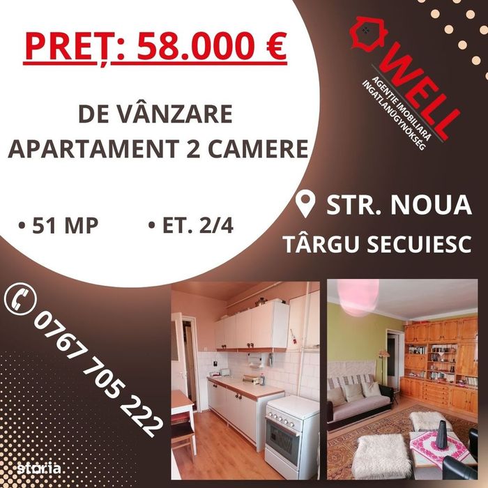 De vânzare apartament cu 2 camere pe strada Noua, în Târgu Secuiesc!