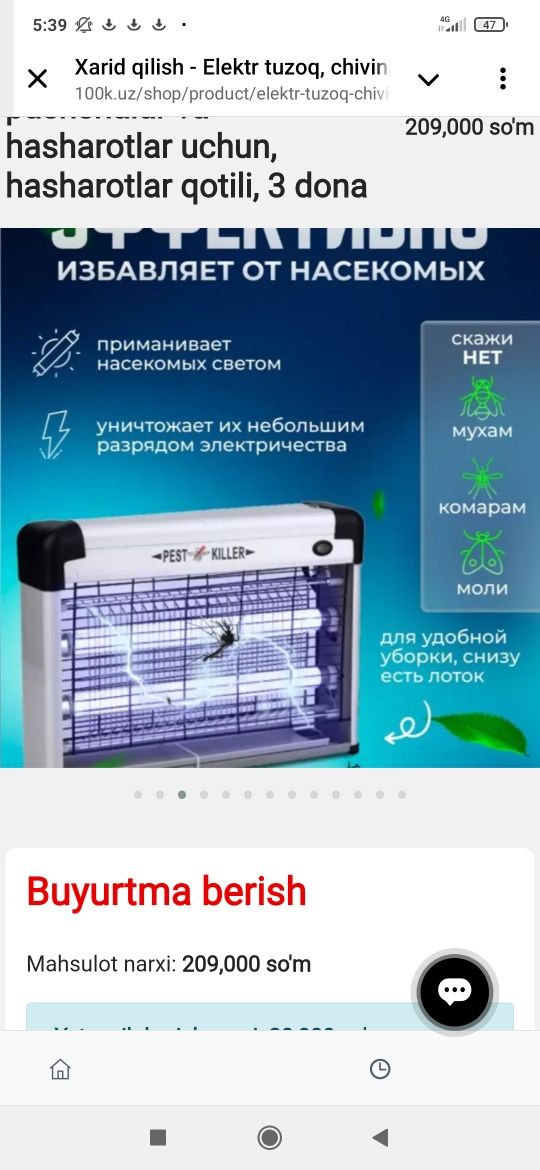 Elektr tuzoq chivin pashsha va hasharotlar uchun