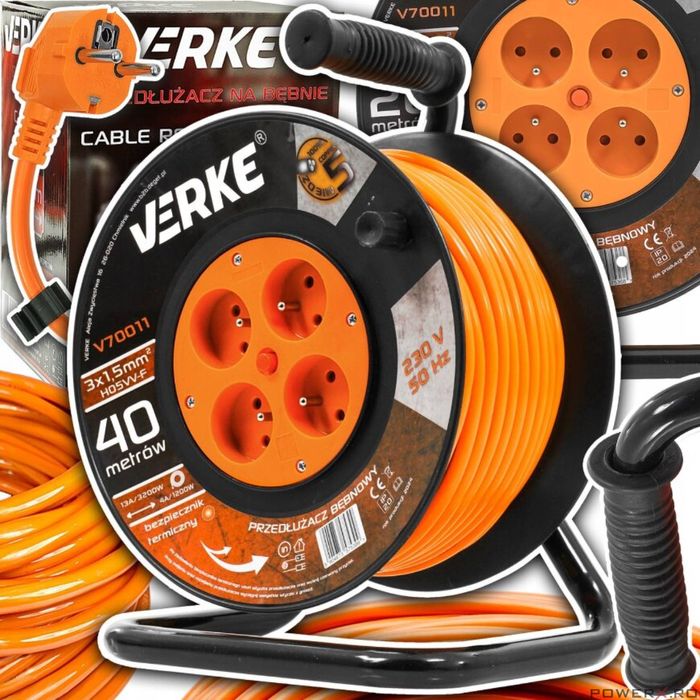 Rola prelungitor cablu cu cadru metalic, 40 metri 3 x 1,5 mm, Verke