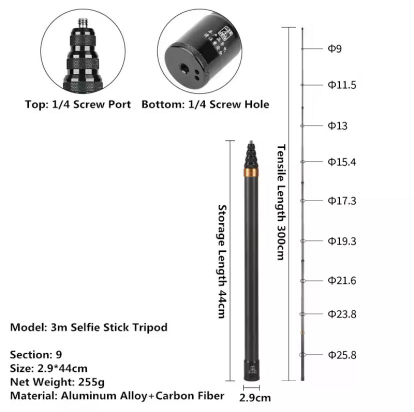 Selfie stick carbon 3m insta360 gopro action camera