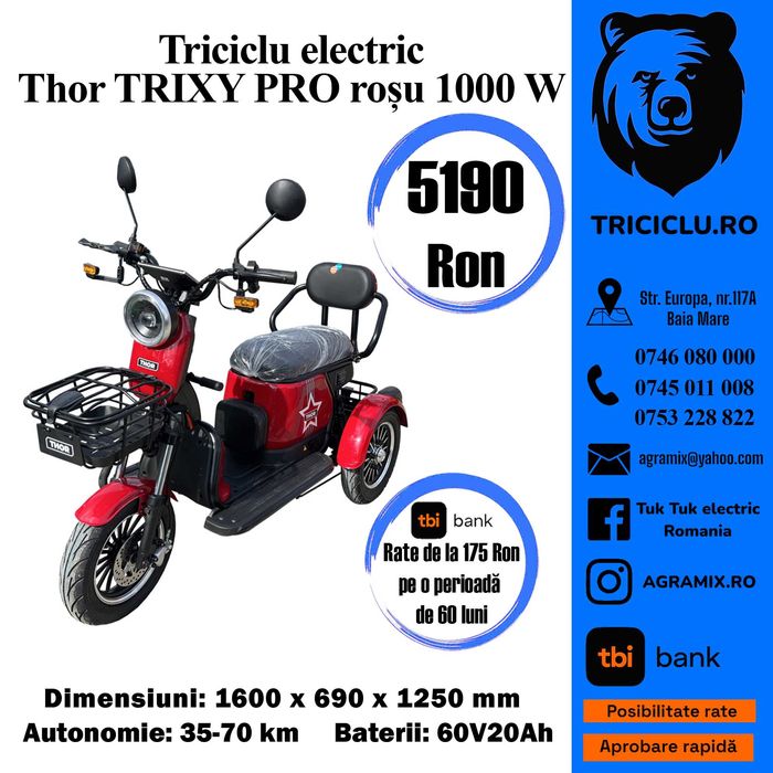 Triciclu tuk tuk Thor TRIXY PRO  CU CIV 1000W electric Agramix