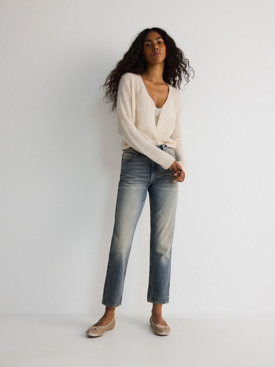 Дънки S/M 38 висока талия прави скъсен крачол сини mid wash blue jeans