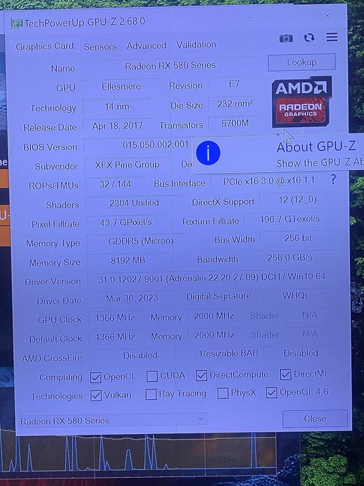 Placa video jocuri 8Gb 256 biti ATi XFX Rx 580