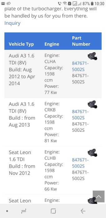 Turbina Audi A3 8V  Vw Golf Leon Octavia 1.6 tdi 90 105 110Cp