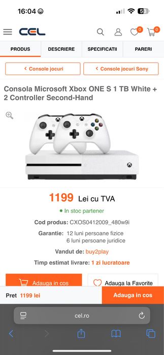 Consola Microsoft Xbox One S 1TB, alba + 2 controllere !