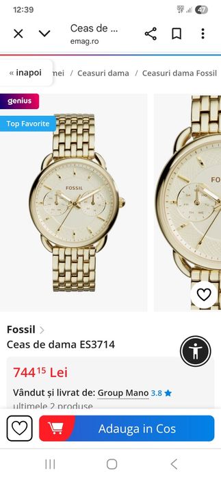 Ceas dama Fossil ES 3714 5 ATM/Auriu