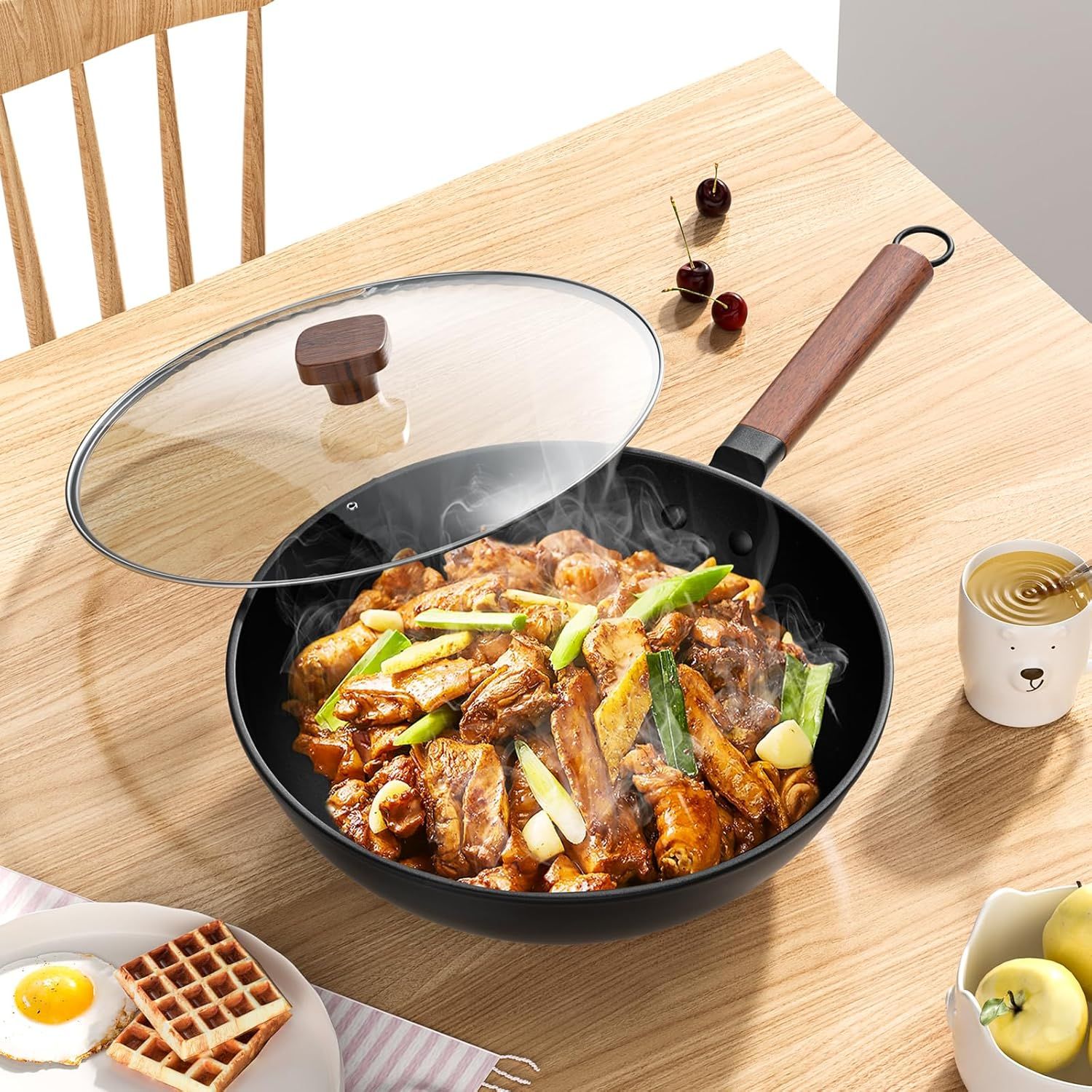 Tigaie wok otel carbon 33cm 5.6L cu capac pentru plita | 52Z9BJ