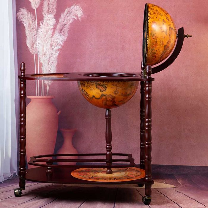 Глобус Бар с Маса - Стойка за Вино / Бутилки Масичка на Колела 90см