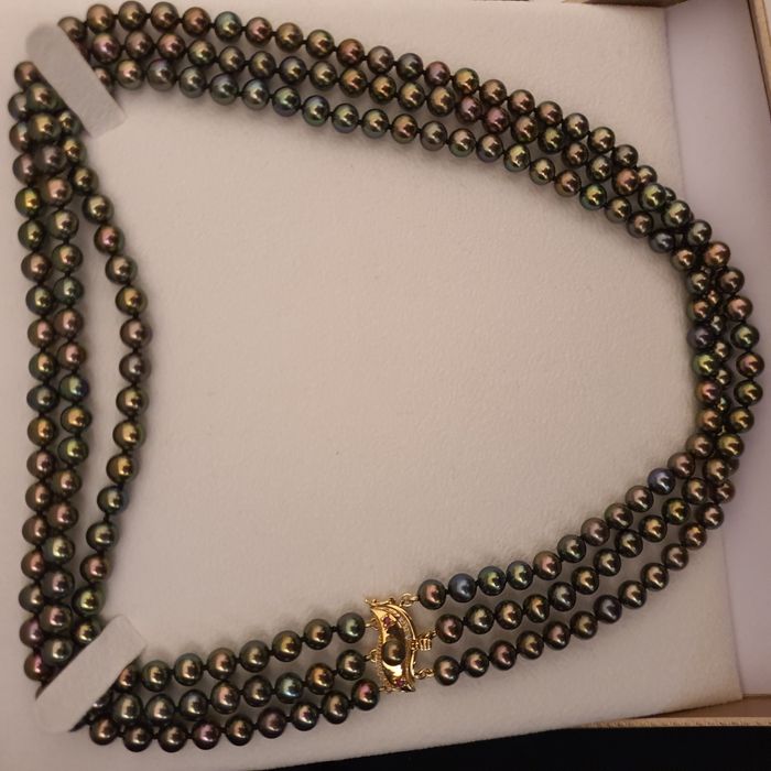 colier triplu perle naturale aur 14k rubine si diamante