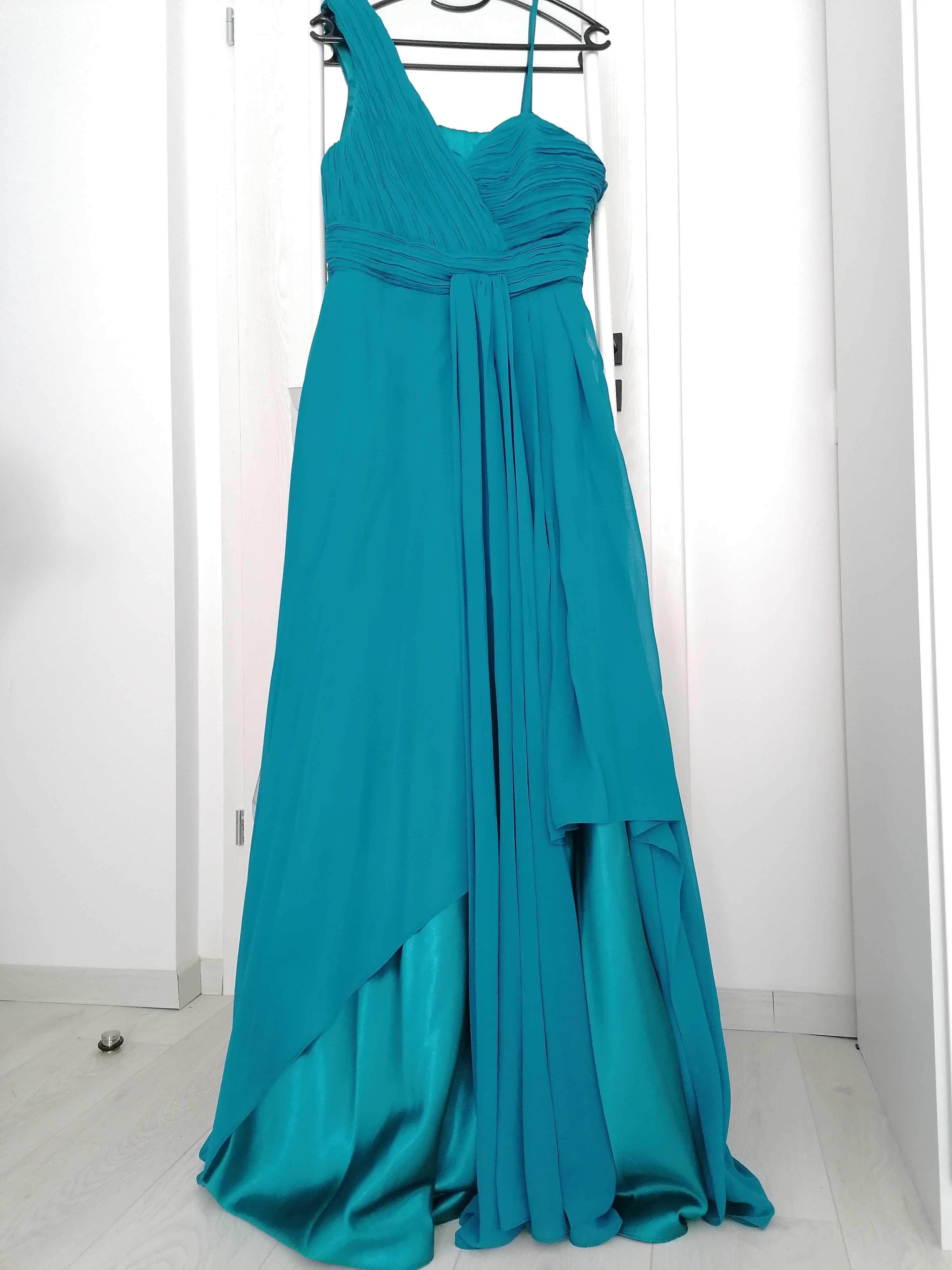 Rochie seara albastra/ verde satin/ voal