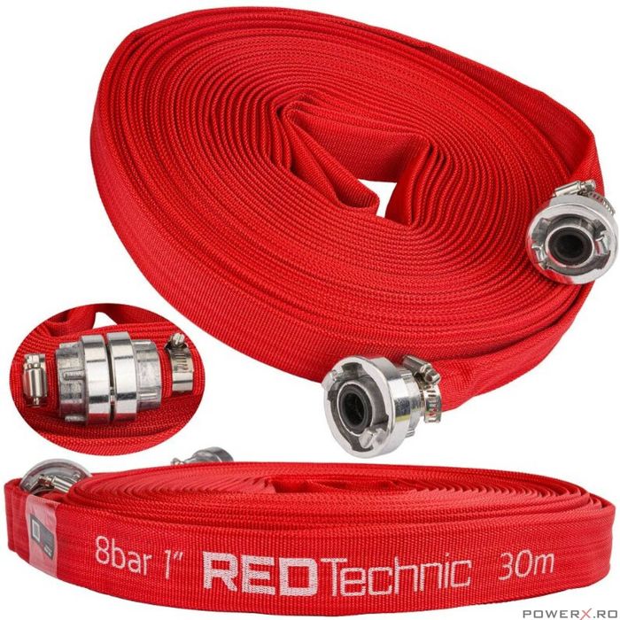 Furtun apa irigatii 1"30 metri, tip pompieri 8 bari, cu cuple, Red