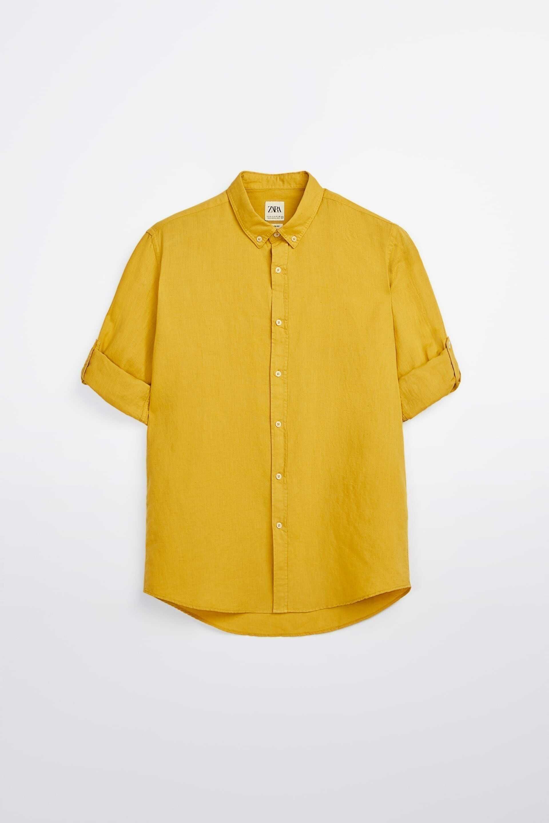 Мъжка лека риза Zara, 55% лен, 45% памук, Жълта, XL