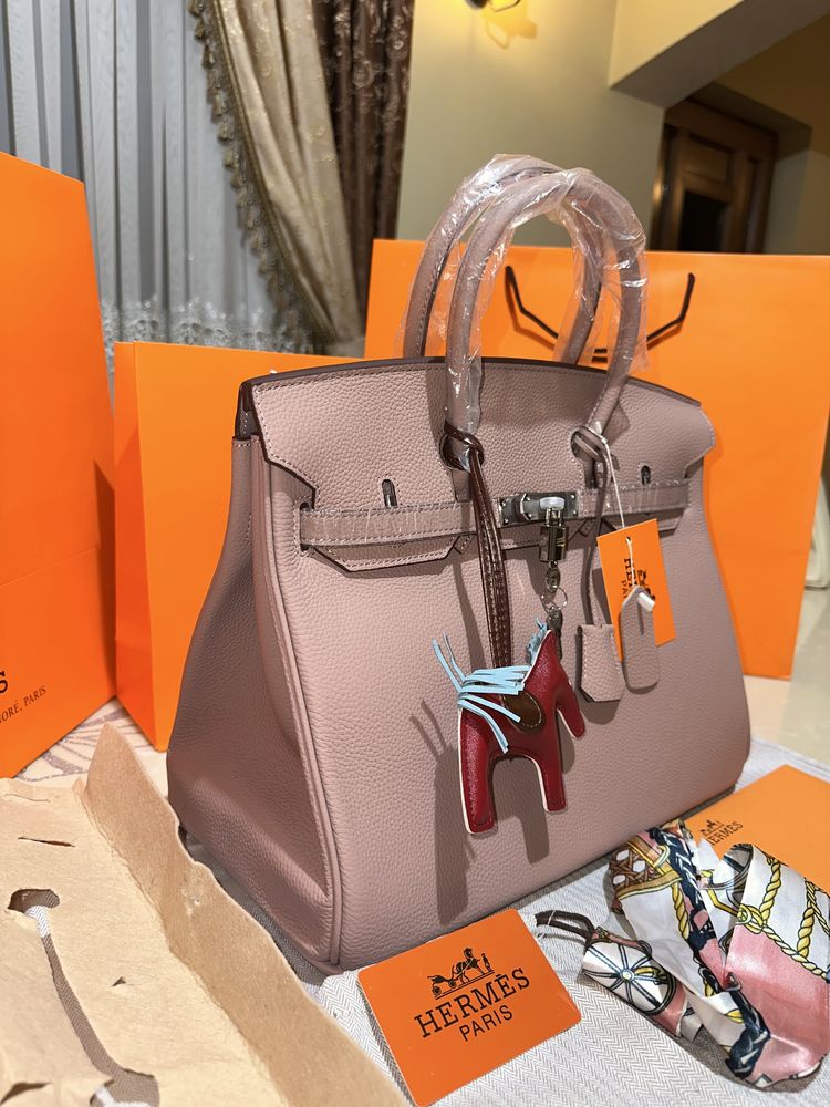 Geanta dama hermes birkin 35cm nude cu accesorii argintii cadou c:30