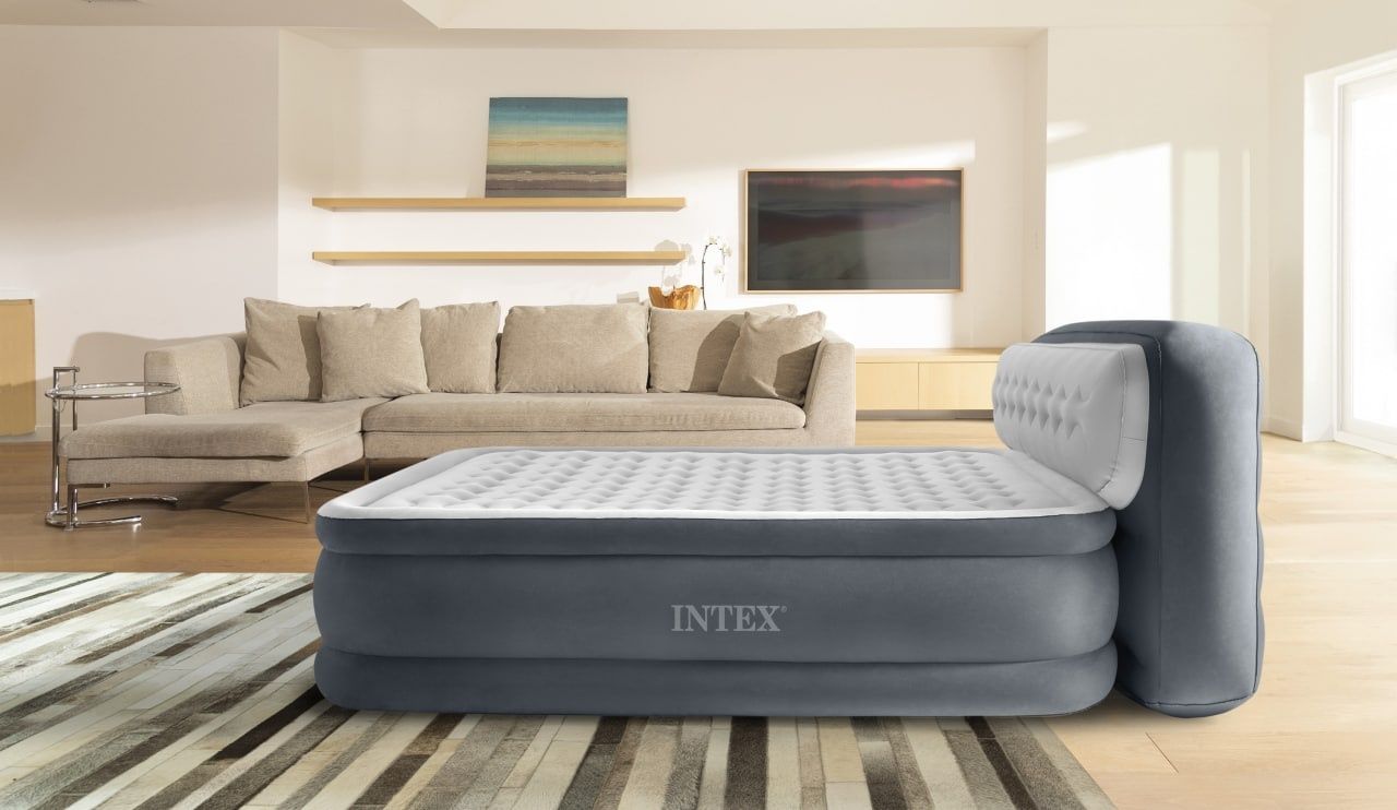 Надувная кровать Intex с мягким изголовьем и встроенным насосом