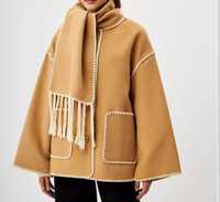 Новое пальто женское свободное оверсайз с шарфом осеннее короткое