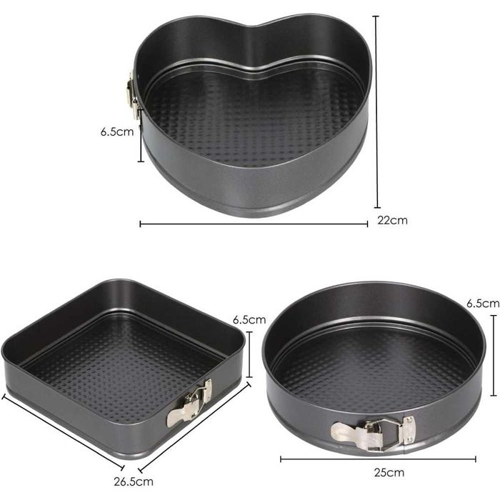 Set 3 Tavi de copt, Otel Carbon, Forma Inima, Rotunda, Patrata, Negru