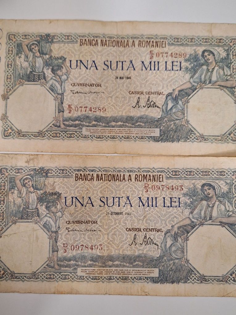 Bacnote colectie 1946 editii 28.05, 21.10, 20.12 una suta mii lei