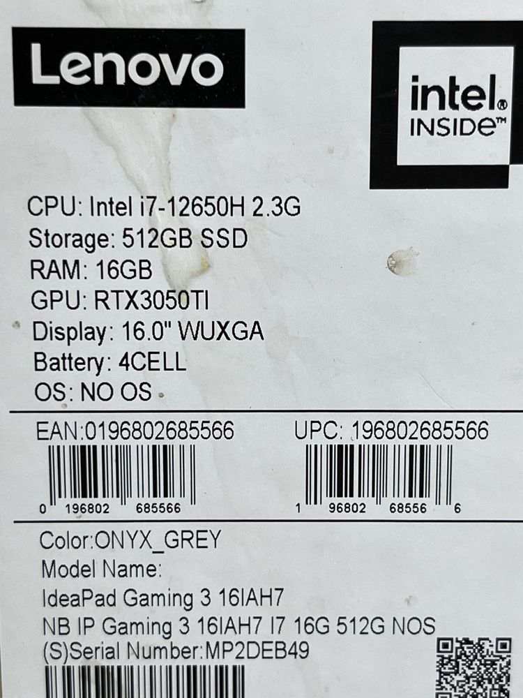 Игровой Ноутбук Lenovo ideaPad Gaming-Core i7-12/16GB/SSD512/RTX3050Ti
